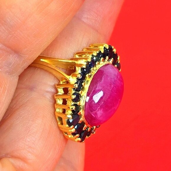 925 Sterling Silver Ring Sz 6.75 with Natural Ruby 1.6x1.3cm & Sapphire Gems - Picture 7 of 14